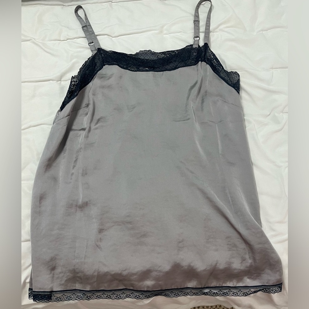 CAbi Gray Satin Chemise with Navy Lace